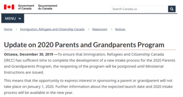 2020年 申请父母和祖父母移民加拿大要推迟了