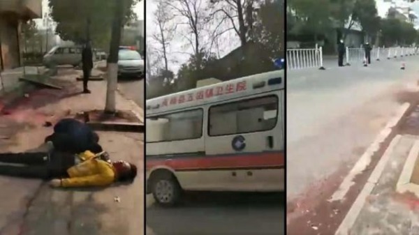 網傳湖北黃岡市一男子因闖封鎖路口被打死。（視頻截圖）