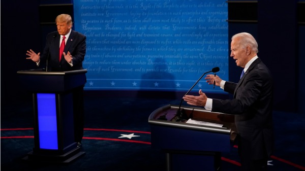 10月22日第二场也是终场美国大选总统辩论现场，川普和拜登激烈交锋（图片来源：Morry Gash-Pool/Getty Images ）