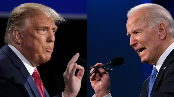 时任美国总统川普（Trump，左）和前副总统拜登（Biden，右）在2020美国大选最终回总统辩论中交锋