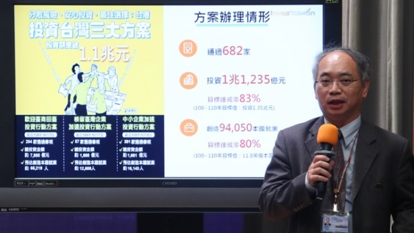 經濟部投資業務處處長張銘斌於10月15日在行政院會後記者會上報告「投資台灣三大方案」成果。