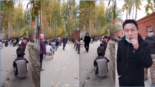 新疆喀什轄區莎車縣民眾排隊核酸檢測，一婦女因說封城被指是反動言論將被抓捕（圖片來源：推特）