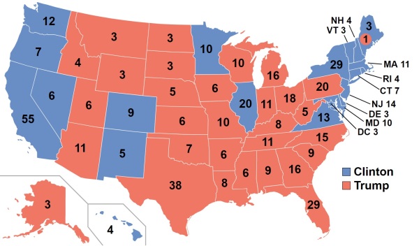 图为2016年美国总统大选最终的选举人票地图。川普以306票当选第45届美国总统。（图片来源：Gage/Wikimedia/CC BY-SA 4.0）