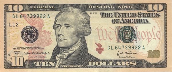 10美元紙幣的正面為漢彌爾頓的頭像。