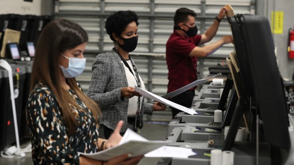 2020年10月14日，佛州工作人員在測試投票機。（圖片來源： Joe Raedle/Getty Images）