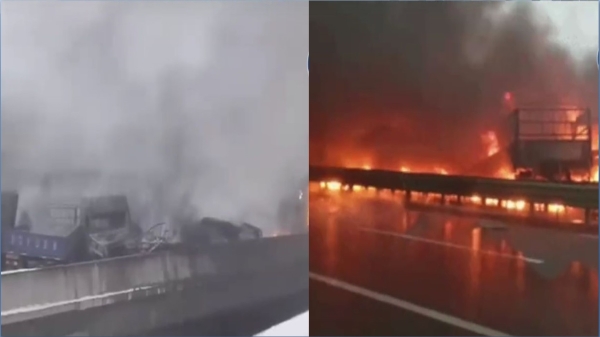 11月24日上午，陕西铜川包茂高速发生40多辆车相撞的交通事故，10多辆车起火（图片来源：微博)