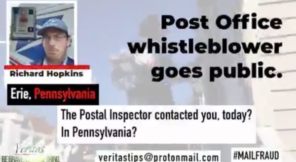 11月6日，賓州郵局工作人員霍普金斯（Richard Hopkins）向Project Veritas證實，聯邦調查人員已與他談話，瞭解郵局局長韋森巴赫（Rob Weisenbach）命令將選票郵戳追溯為11月3日的行為。（推特視頻截圖）