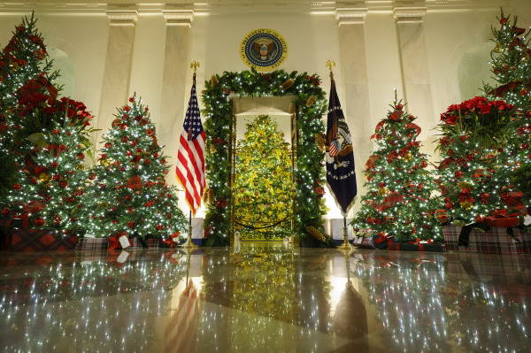 2020白宫圣诞装饰，主题是“美丽的美国”（America the Beautiful），图为白宫廊厅（Cross Hall）和蓝厅（Blue Room）。（图片来源：Drew Angerer/Getty Images）
