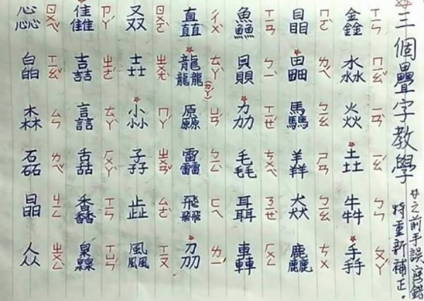 台灣新北市的一位國小國語老師所列出的42個學生最常來問他的「三疊字」。