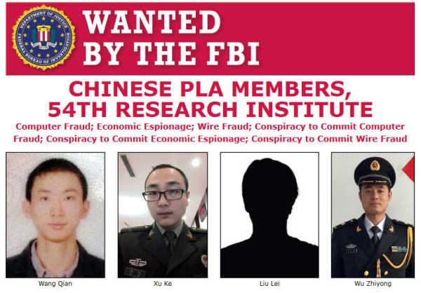 美國司法部起訴四名中共軍方黑客：吳志勇、王乾、許可和劉磊