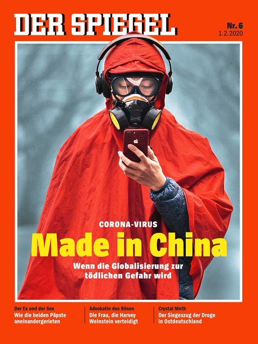 在德國明鏡週刊最新一期封面中，以中共肺炎病毒「中國製造」當下標