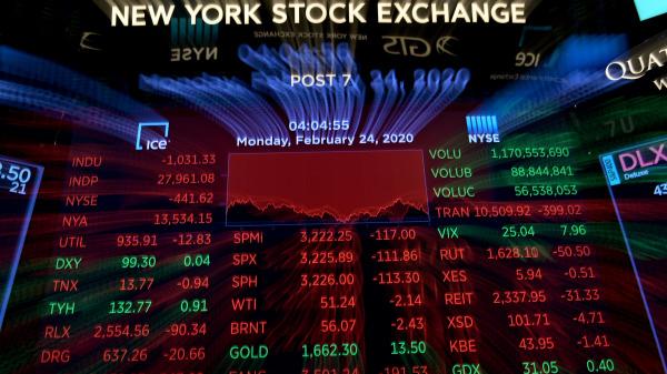 紐約股市週三（11日）大跌，道瓊斯指數狂泄1464點或5.9%，收報23,553點進入熊市，總統川普急召華爾街巨頭高管力挽狂瀾。（圖片來源：JOHANNES EISELE/AFP/Getty Images）