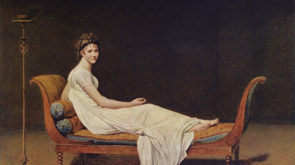 新古典主义油画《雷加米埃夫人像》，画家为雅克-路易．大卫，174 cm×224 cm，作于1800年。