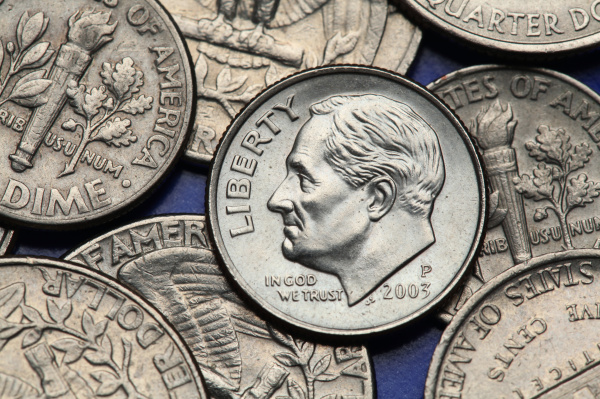 以罗斯福为肖像的美国硬币。