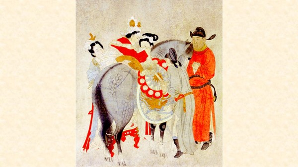 李淳风曾预言杨贵妃葬身于马嵬坡的结局，图为壁画中的杨贵妃上马图。