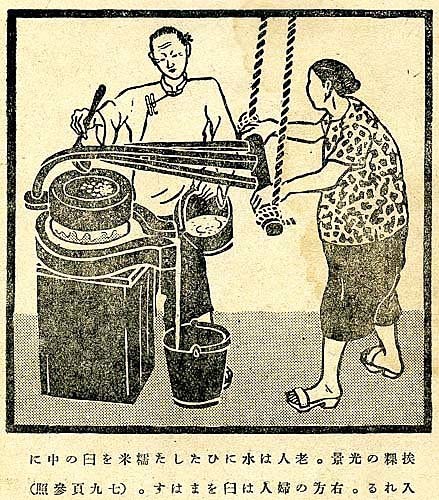 一幅由立石鐵臣所描繪的1940年代臺北艋舺婦孺「挨粿」的圖繪。家家戶戶做粿、炊粿是早期臺灣人年節前一景。
