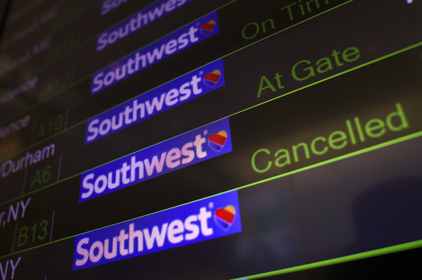 圖為2021年10月11日，西南航空公司取消上百架航班，但是公司不承認是受到疫苗強制令的抵制所造成的。（圖片來源：Kevin Dietsch/Getty Images）