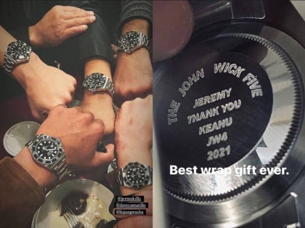 好莱坞影星基努李维为了体恤剧组辛劳，竟大手笔赠送4位特技演员一人一支劳力士名表，他门收到后兴奋的在IG PO出与基努李维5只手一起戴同款手表的照片。