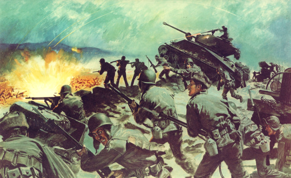 1951年2月的砥平里之战中，美步兵23团击溃中共志愿军5个主力师，图为美国军方为纪念此战的画作。（图片来源：公用领域）