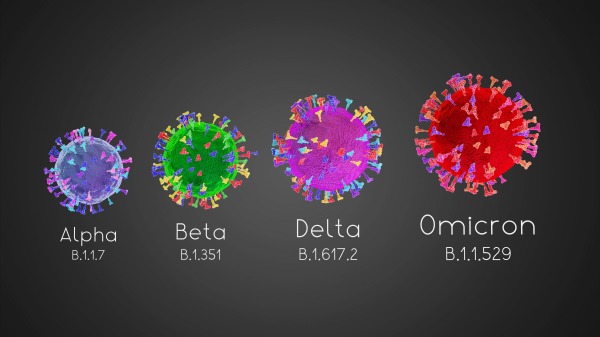 Alpha、Beta、Delta和Omicron不同变异病毒株示意图