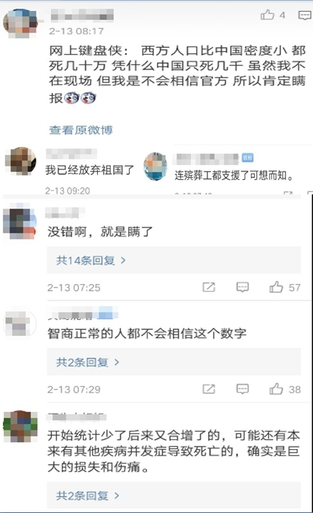中国网友表示，不会相信中国官方的疫情数据（图片来源：微博）