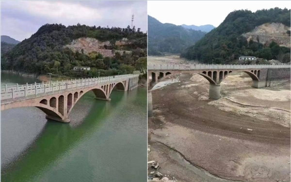 温州楠溪江部分河段出现断流，断流前后对比（图片来源：微博）