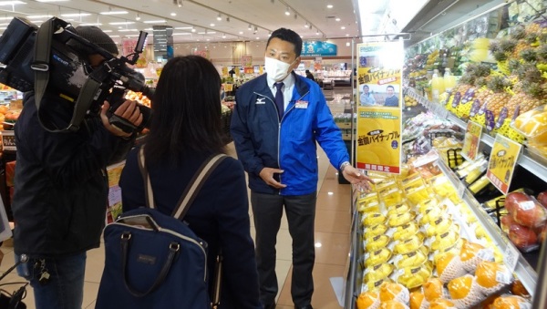 臺灣鳳梨突然遭中國禁止進口，目前已大量進口至日本，預估今年可破6000噸。圖為日本連鎖超市 BELX的主管小川能弘對日媒介紹臺灣鳳梨的特色。