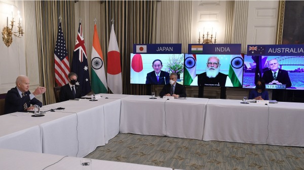 2021年3月12日，美国总统拜登、国务卿布林肯等人与印度、日本、澳大利亚首脑召开虚拟四方峰会。