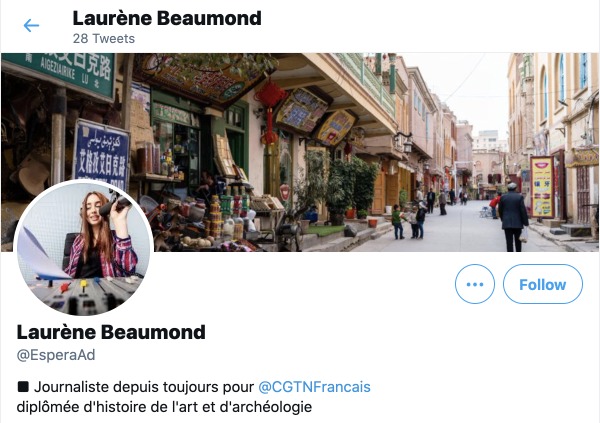 Laurène Beaumond的推特帳號在今年3月才創建，其頭像用的也是網路圖庫的照片