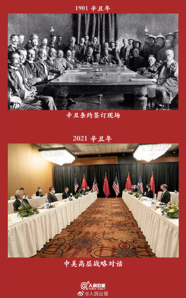 1901年辛丑条约签订现场。2021年辛丑年，中美高层战略对话