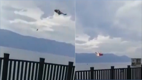 5月10日，云南大理一参与灭火的直升机坠落洱海（图片来源：视频截图）