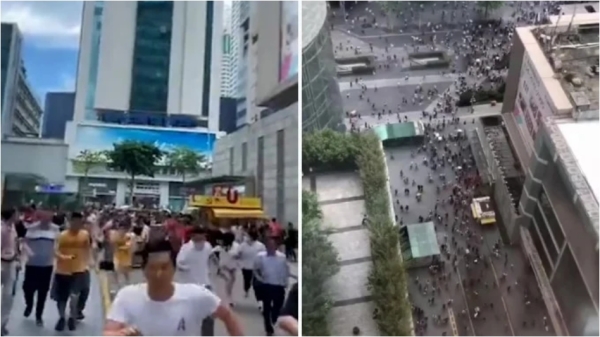 广东深圳地标性建筑“赛格大厦”18日突然发生剧烈晃动，大批民众狂奔逃离（图片来源：视频截图）