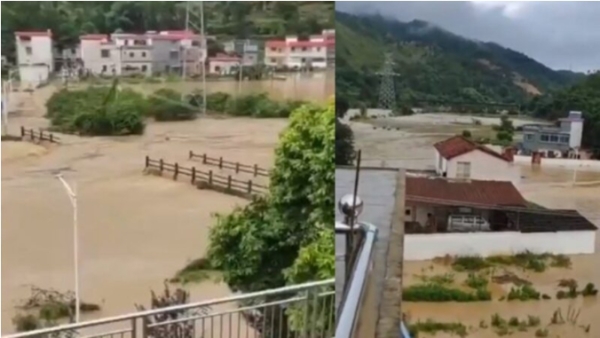 5月17日，广东韶关、南雄市遭遇暴雨袭击，引发大洪水，多城镇被淹（图片来源：视频截图）