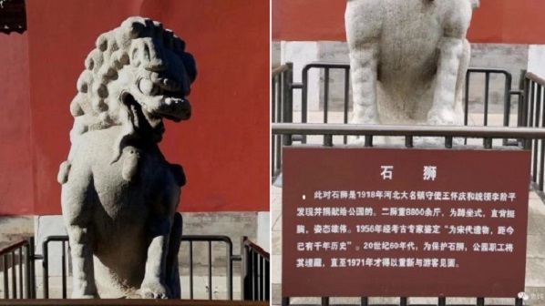 传位于北京中山公园一对宋代石狮文革中被保护的资料介绍被删去“文革中”。（图片来源：网络截图）