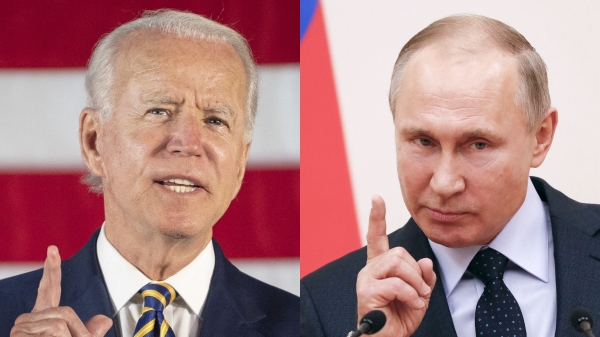 美國總統拜登（Biden，左）和俄羅斯總統普京（Putin，右）。