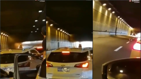 上海中环隧道一轿车起火，疑似有女子被困车内惨叫却无人施救（图片来源：视频截图）
