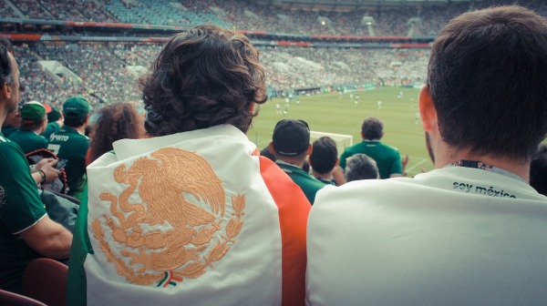 一名男子身披墨西哥国旗在观看球赛