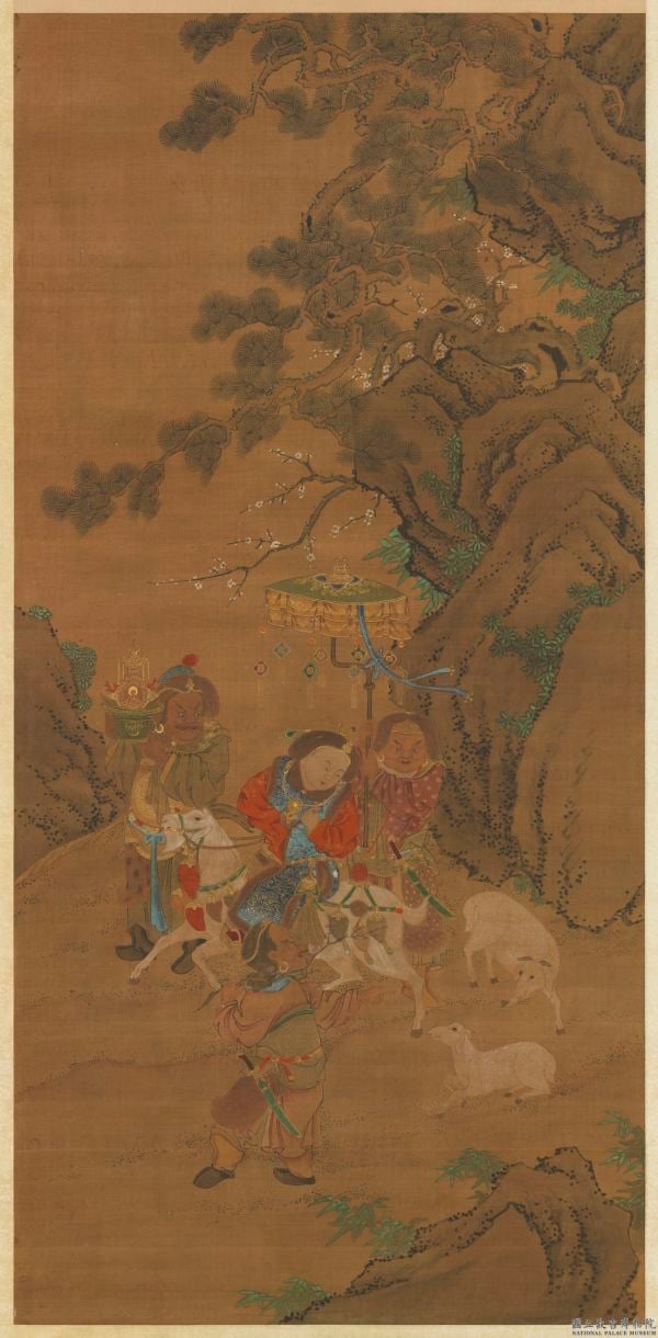 元《冬景戏婴图》，三名孩童扮胡人相貌、一名孩童骑羊。