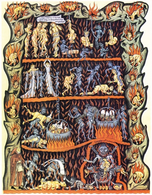 在西方传统故事中，红色代表战场及地狱。图为十二世纪的基督教百科全书《乐园》。