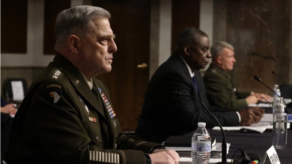 20201年9月28日，美国参谋长联席会议主席米利在参议院官员阿富汗撤军的听证会上作证。