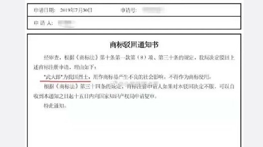 中国大陆一家公司以“武大郎”申请商标，遭到中国国家知识产权局驳回。