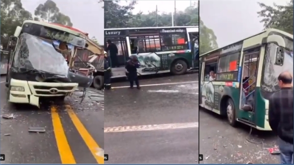 10月30日，四川瀘州江陽區發生一起大貨車與公交車相撞的交通事故（圖片來源：視頻截圖）