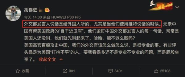 《環球時報》總編胡錫進發文挺華春瑩，更用粗劣語言辱罵網民，引發民眾不滿。