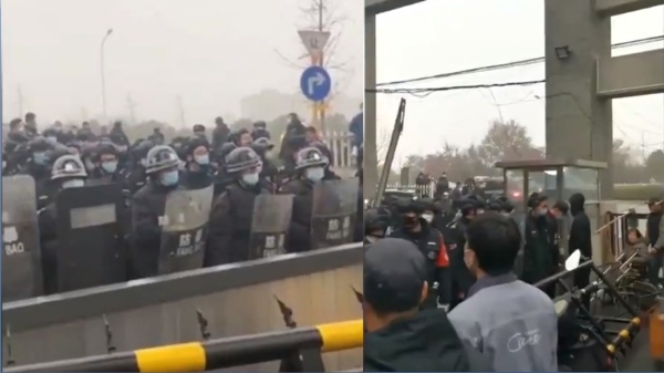 日前再傳出北京當局強拆被指是違規的「小產權」別墅，現場保安持防暴盾牌與百姓對峙（圖片來源：推特）