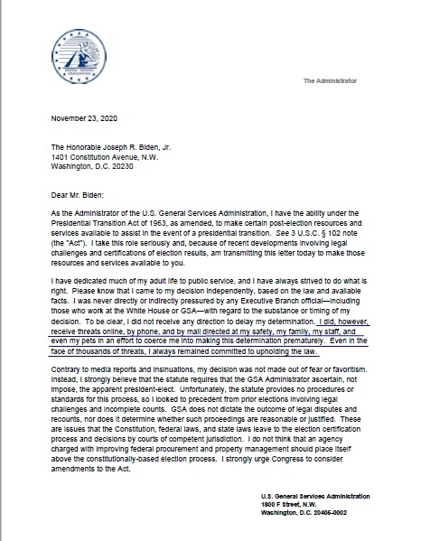 美國聯邦總務署（GSA）署長墨菲（Emily Murphy）11月23日給民主黨人喬·拜登的信，第一頁，明確表示受到了威脅。（圖片來源：總務署PDF文件）