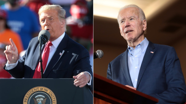 圖爲美國總統候選人現任總統川普（左）在和前副總統拜登（右）。（圖片來源：《看中國》合成圖，原始圖片均來自Gage Skidmore/Wikimedia/Flickr/CC BY-SA 2.0）