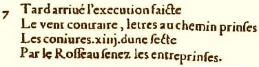图为出版商Macé Bonhomme于1555年印刷的最早版本的《诸世纪》第一纪第7首诗。