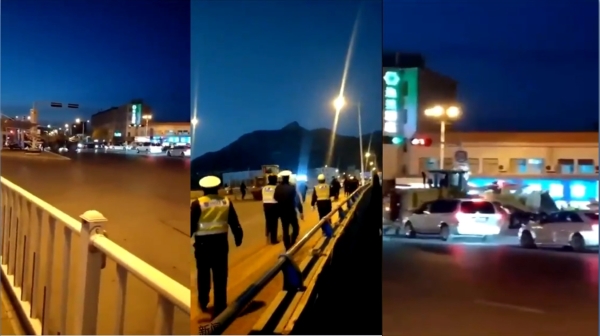 日前，有網友爆料，山東泰安市一名男子開著鏟車衝上街頭，直接朝市政府方向開去。（圖片來源：推特）