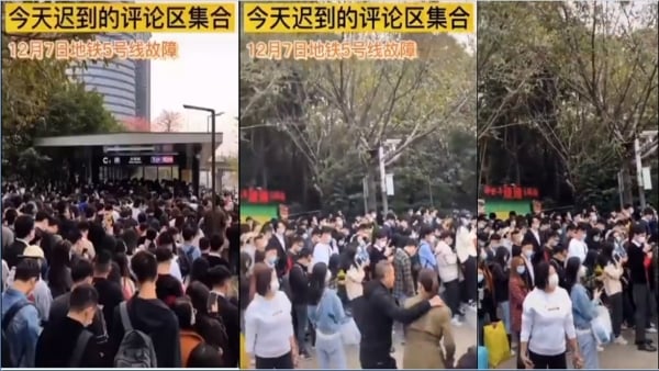 12月7日，深圳地铁五号线设备故障，上班人群大量拥堵在地铁站内外（图片来源：推特）