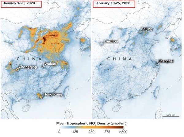 NASA拍出2個月來的中國空污對比圖